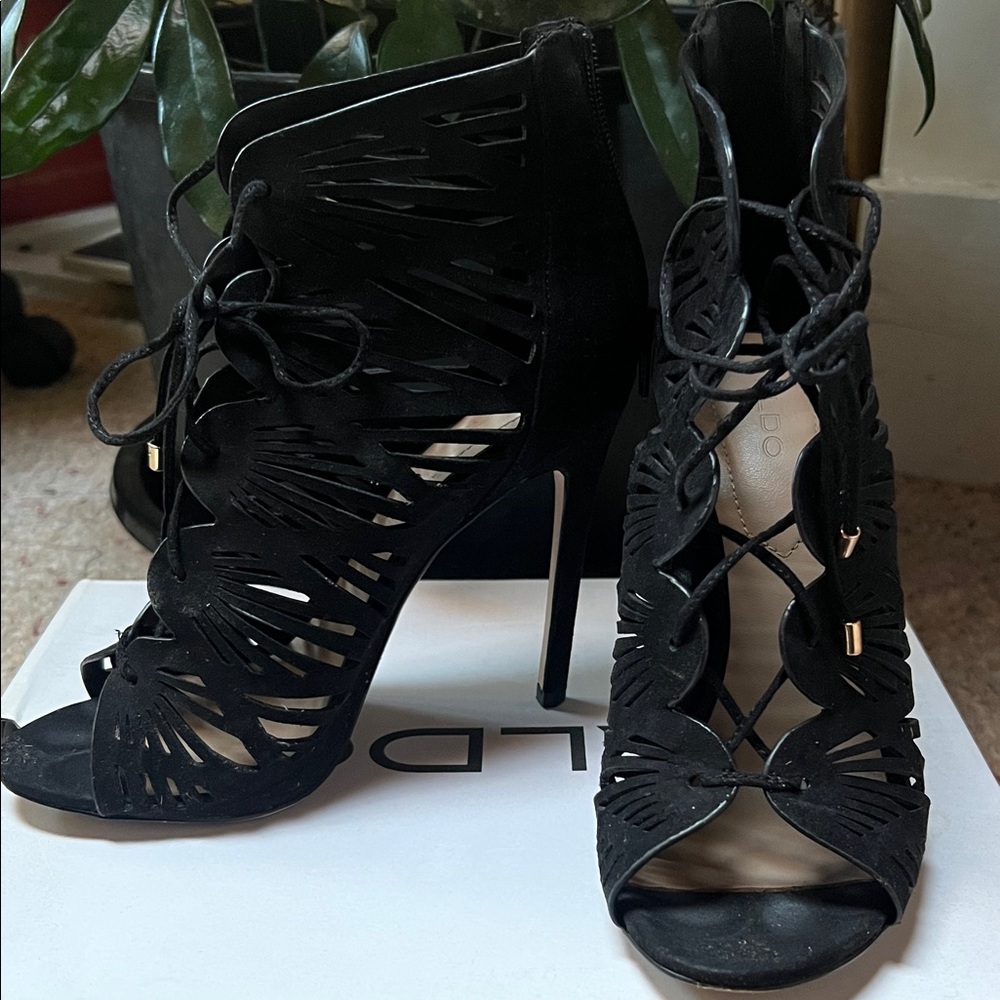 Aldo Black Cutout Lace-Up Heels
